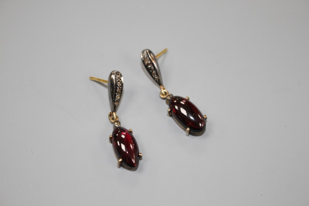 A pair of Victorian style 18k and 925, cabochon garnet and diamond set drop earrings, 31mm, gross weight 5.3 grams.